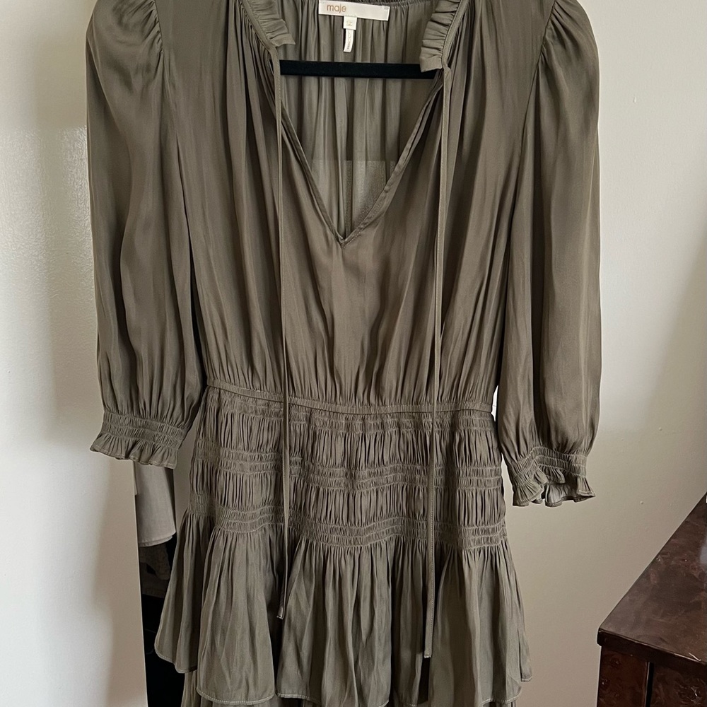 MAJE SATIN DRESS WITH SMOCKING AND RUFFLES
